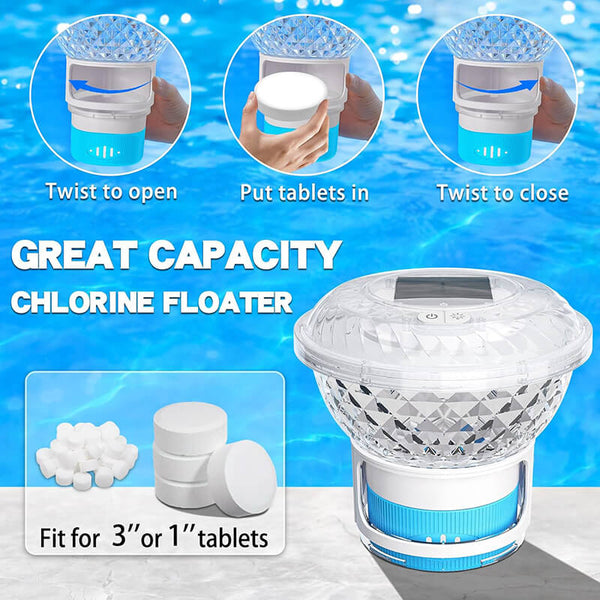 AquaGlow Solar Pool Dispenser | RGB LED & Solarbetrieb | Chlordosierung & 5 Lichteffekte