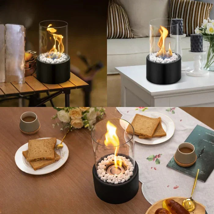 LumoFlare Tischlaterne | Tragbare Deko-Lampe mit Flammeneffekt | Modernes Design aus Stahl & Glas | Für Innen & Außen