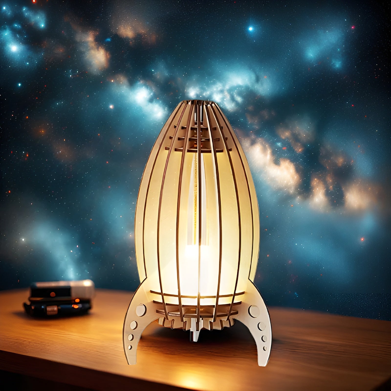 Astrowood Light | Raketenlampe aus Buchenholz | Warmes LED-Licht | USB & E27-Fassung