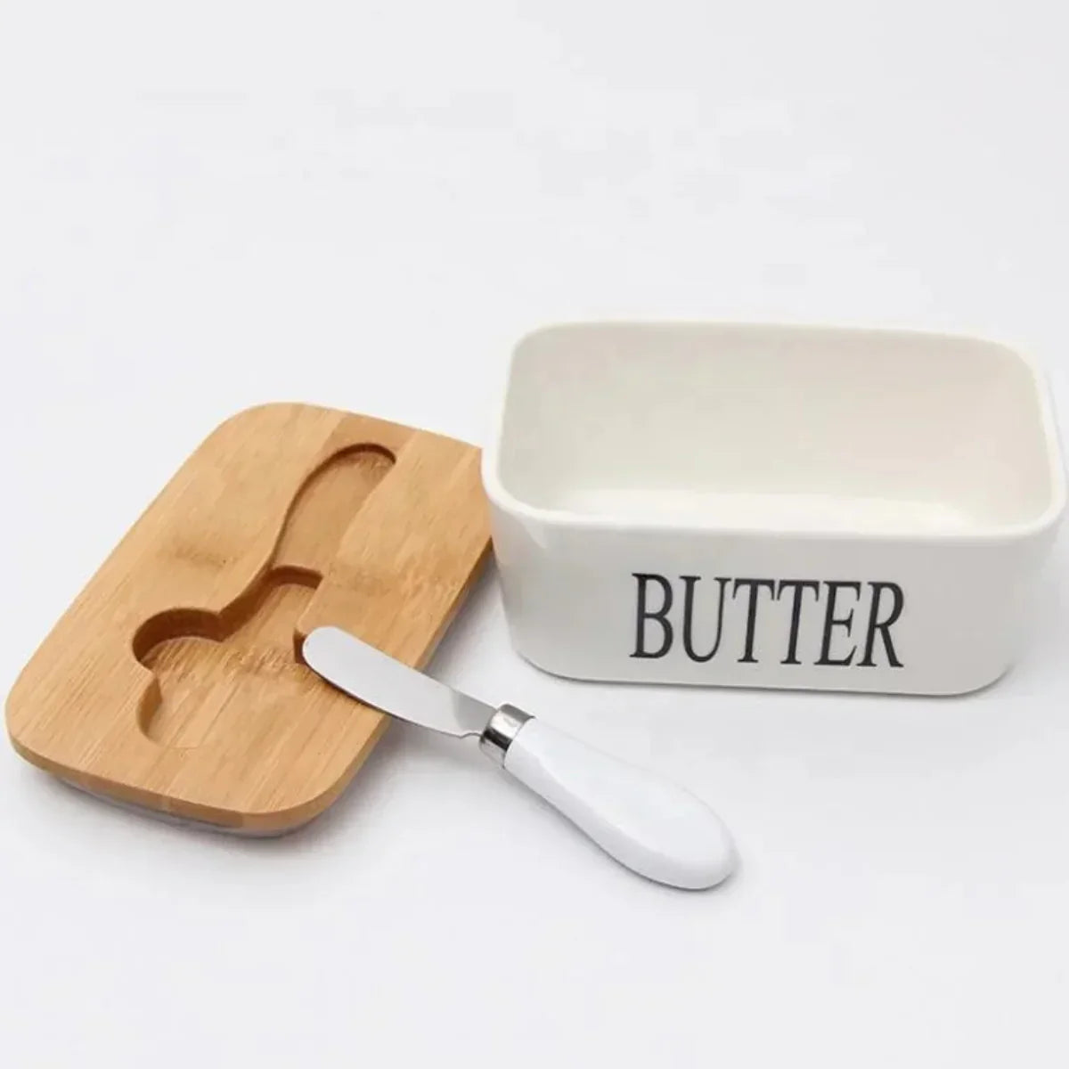 ButterLuxe | Keramik Butterschale mit Bambusdeckel & Edelstahlmesser | Zeitloses Design & einfache Handhabung | Für Frühstückstisch, Küche & Gäste