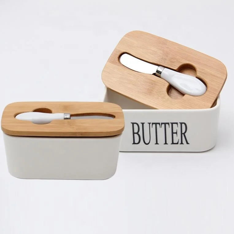 ButterLuxe | Keramik Butterschale mit Bambusdeckel & Edelstahlmesser | Zeitloses Design & einfache Handhabung | Für Frühstückstisch, Küche & Gäste